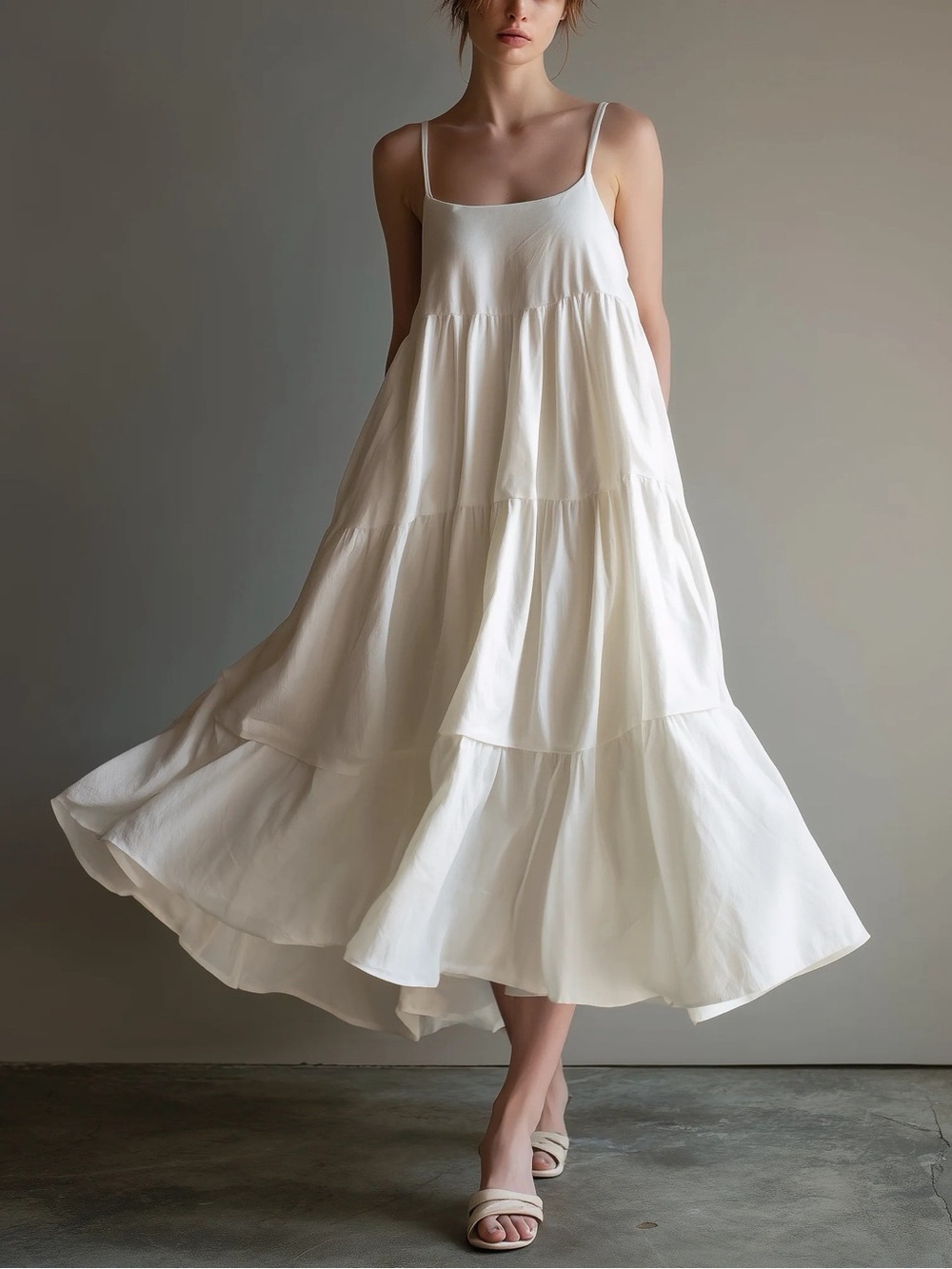 ♥️ COTTON Tiered Spaghetti Strap Midi Dress-White